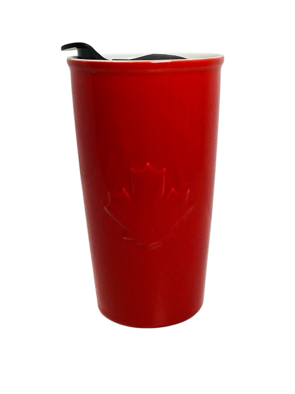 💚 Tim Hortons Red Ceramic Travel Mug with Maple Leaf Embossing